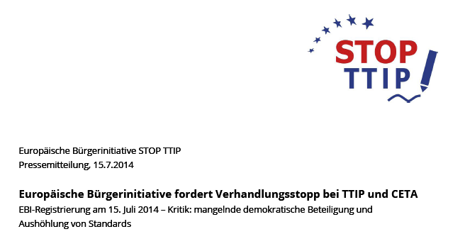 Europäische Bürgerinitiative fordert Verhandlungsstopp bei TTIP und CETA